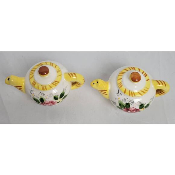 Vintage Ceramic Salt & Pepper Shakers Teapot with Floral Painting and Stripes - Picture 2 of 5